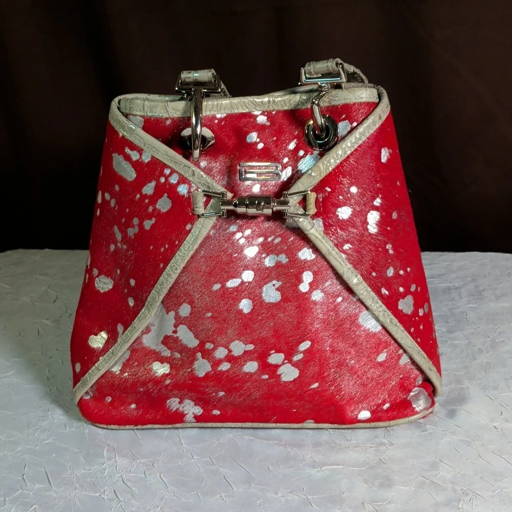 BSwanky B Swanky Handbag Backpack Red Silver Calf Hair Leather Cowhide Bohemian